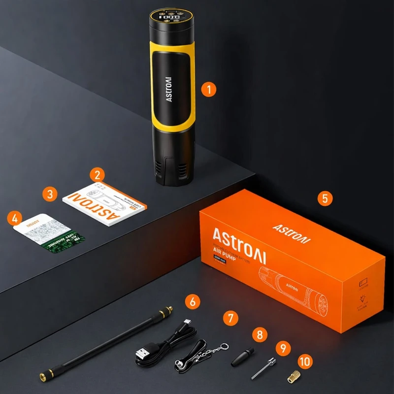 محتویات جعبه پمپ باد شارژی AstroAI AIRUN L1